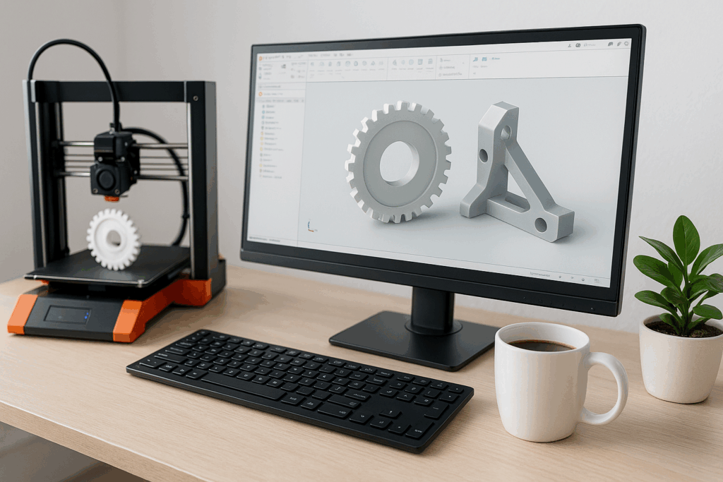 Projekt techniczny równiarki w programie CAD na ekranie monitora